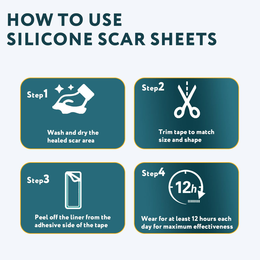 RWT silicone scar sheets being trimmed to fit different scar shapes.