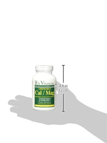 Two vanilla-flavored chewable calcium/magnesium tablets with whole-food ingredients like broccoli, carrot, spirulina, apple and black currant