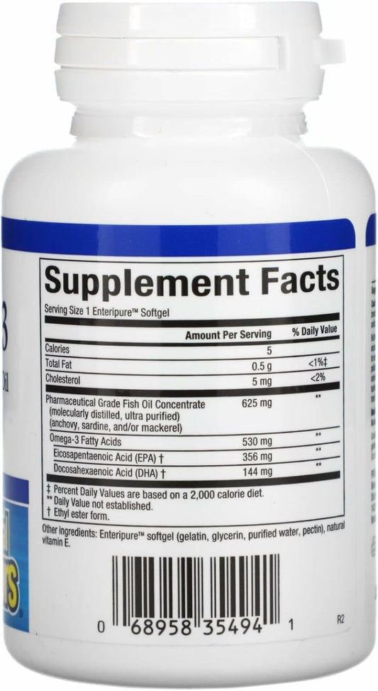 Close-up of RxOmega-3 mini-gels with EPA 350 mg and DHA 140 mg