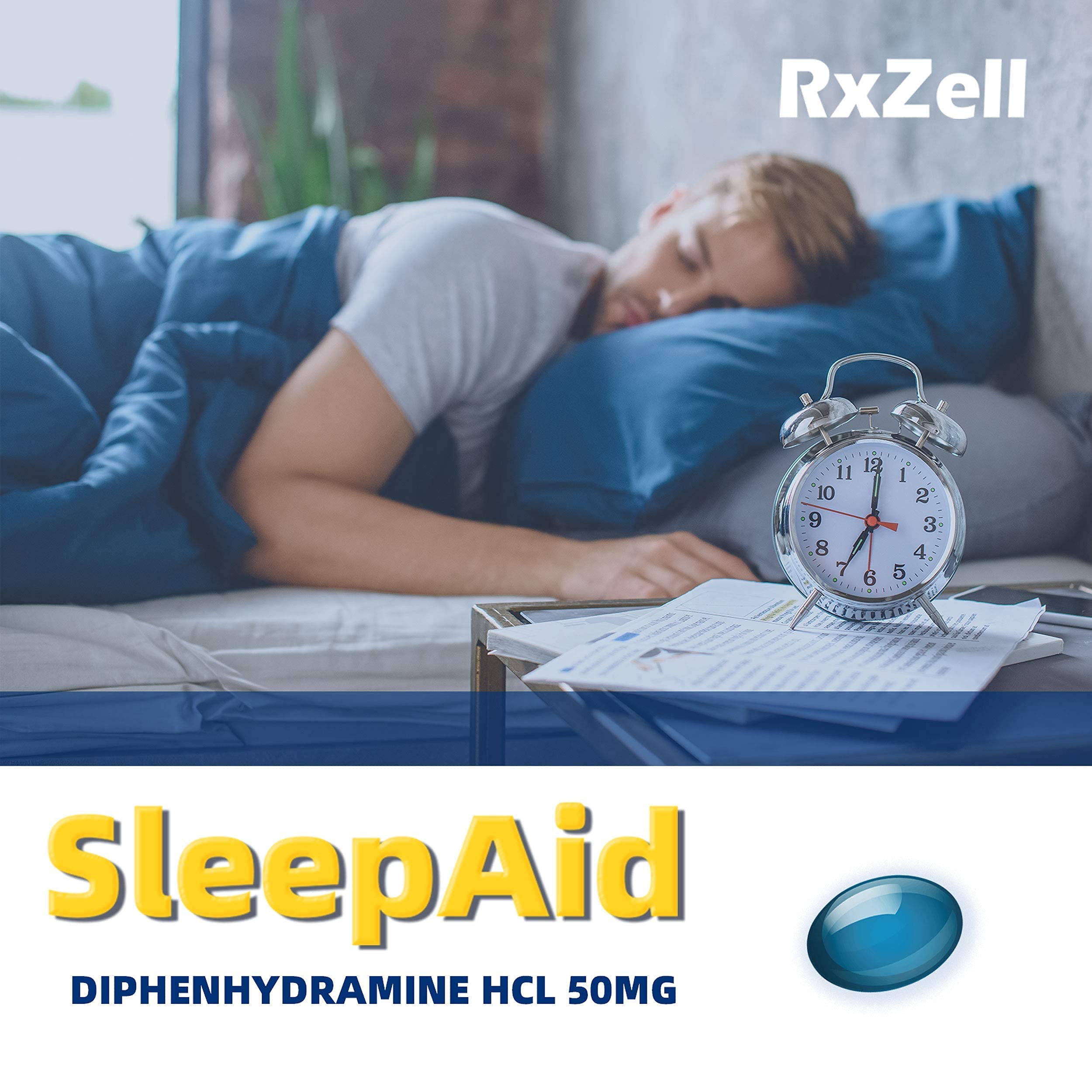 RXZELL Sleep Aid dosage graphic shows 50 mg per softgel.