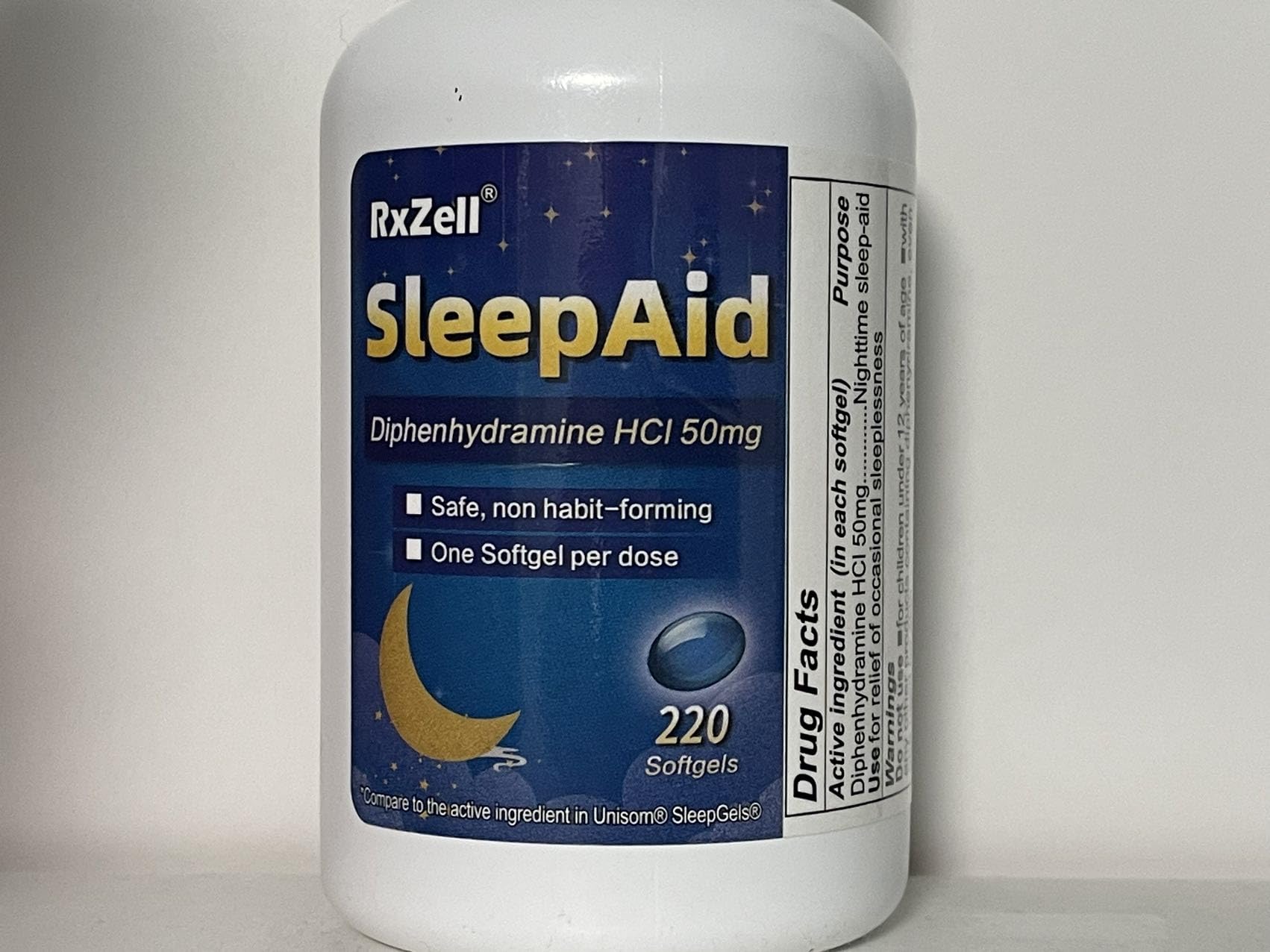 RXZELL Sleep Aid label closeup conveys ingredient details.