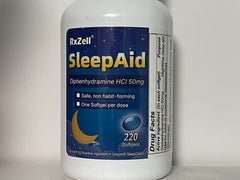 RXZELL Sleep Aid label closeup conveys ingredient details.