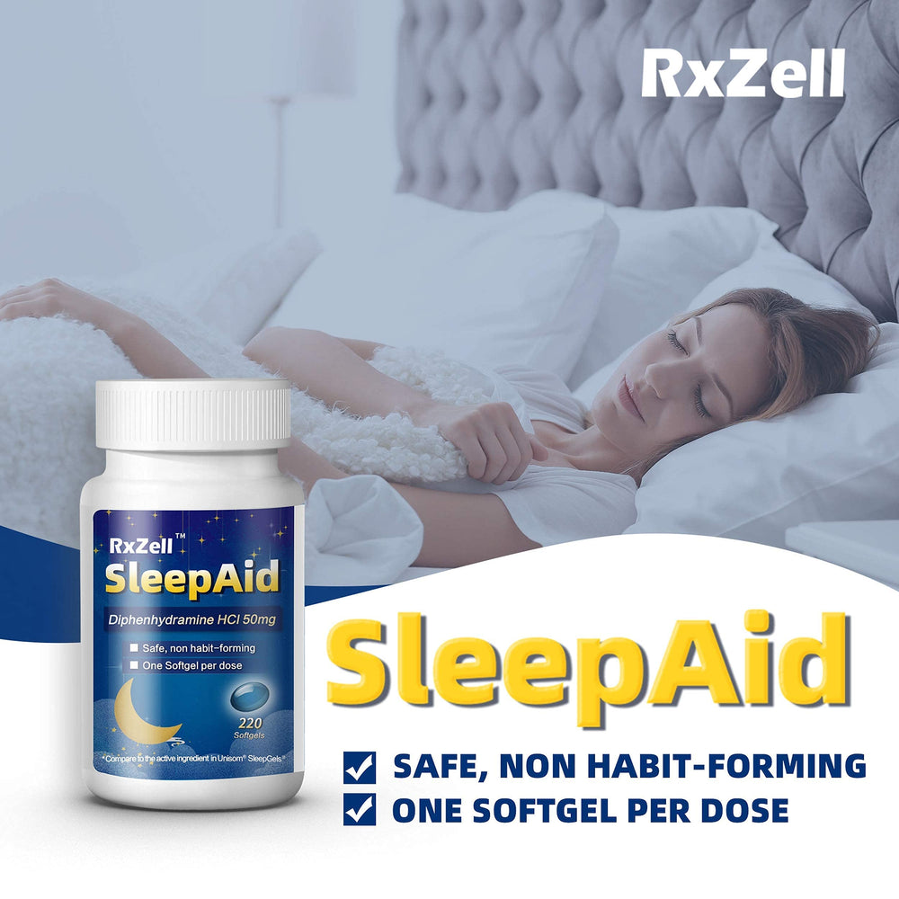 RXZELL Sleep Aid nightstand scene suggests bedtime routine support.