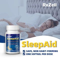 RXZELL Sleep Aid nightstand scene suggests bedtime routine support.