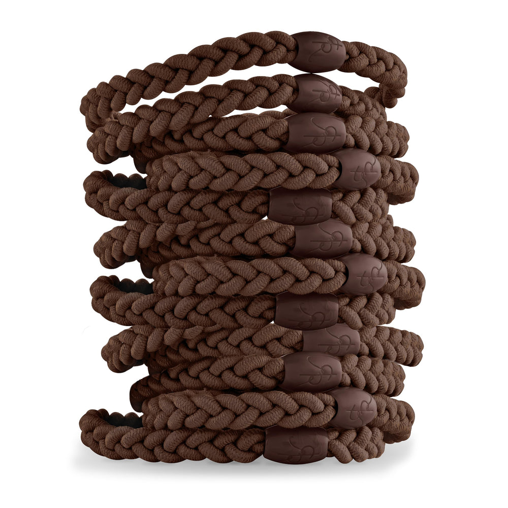 Ryan and Rose Cutie Bands brown 12-pack closeup showing braided elastic for gentle hold