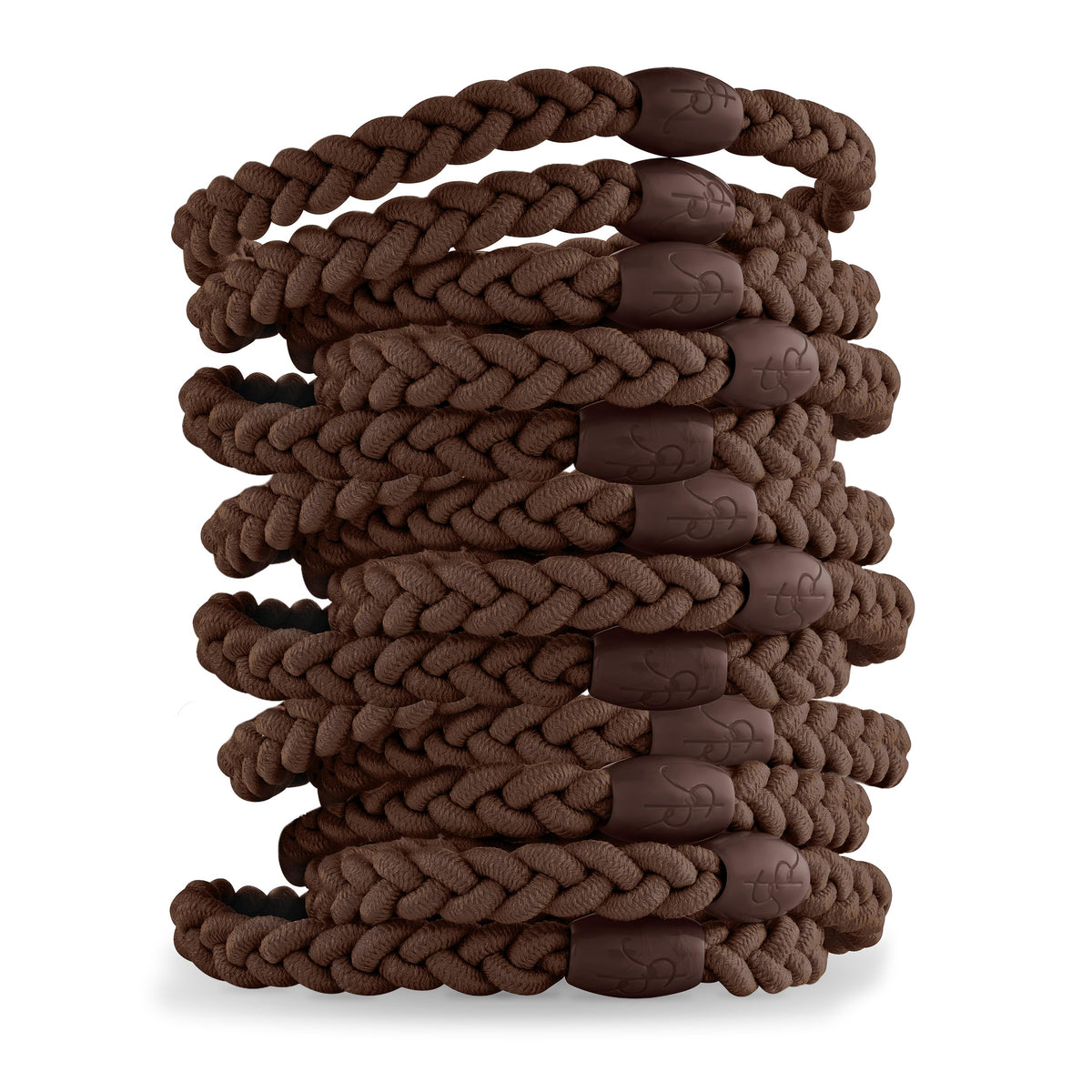 Ryan and Rose Cutie Bands brown 12-pack closeup showing braided elastic for gentle hold