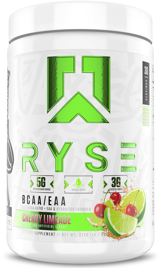 RYSE BCAA EAA Powder Cherry Limeade tub label