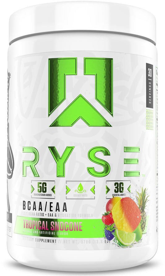 RYSE BCAA EAA Powder Tropical SnoCone bottle front