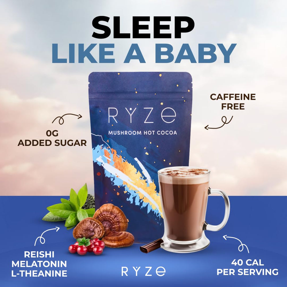 Ingredients highlight showing Reishi, cacao, chicory, glycine and sleep-supporting compounds