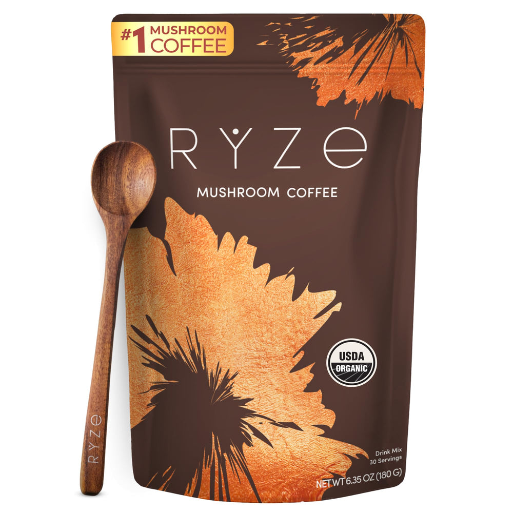 RYZE Mushroom Coffee blend with 6 adaptogenic mushrooms