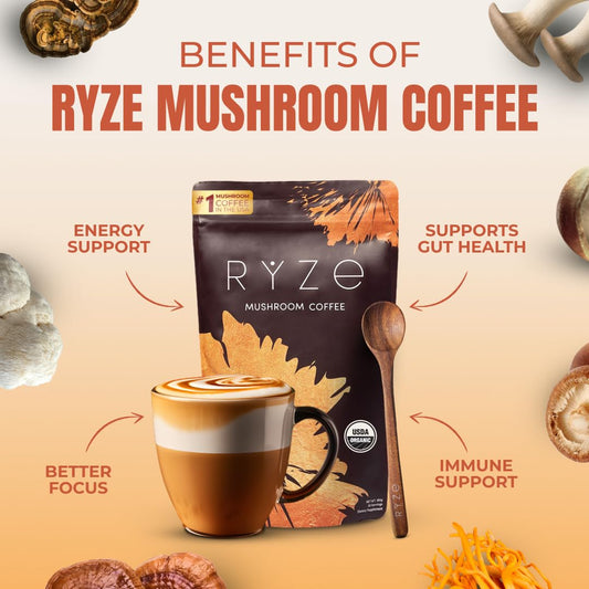 Front view of mushroom coffee with 6-mushroom blend