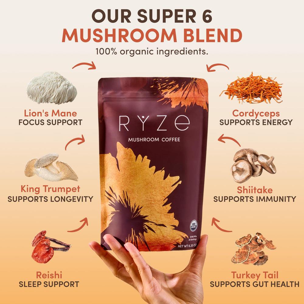 RYZE SUPERFOODS ground coffee with spoon highlighting aroma for focus