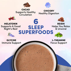 RYZE Hot Cocoa ingredients close-up shows cacao and sleep-support boosters.