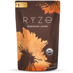 RYZE SUPERFOODS mushroom coffee canister on a kitchen counter for morning energy