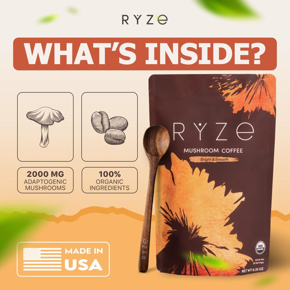 RYZE mushroom blend with adaptogens supports steady energy throughout the day