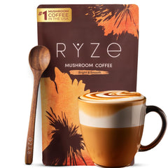 RYZE Superfoods mushroom coffee packaging for convenient mornings and steady energy