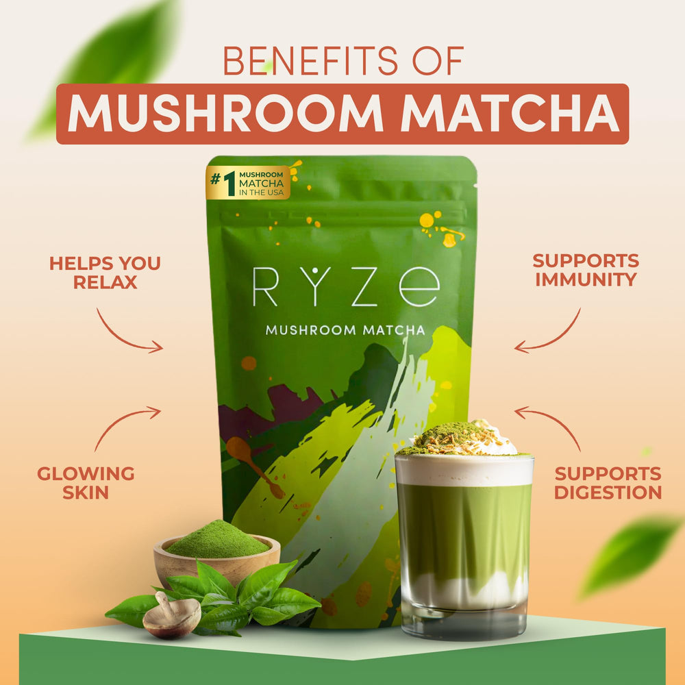 RYZE Mushroom Matcha with 6 adaptogenic mushrooms and Blue Spirulina