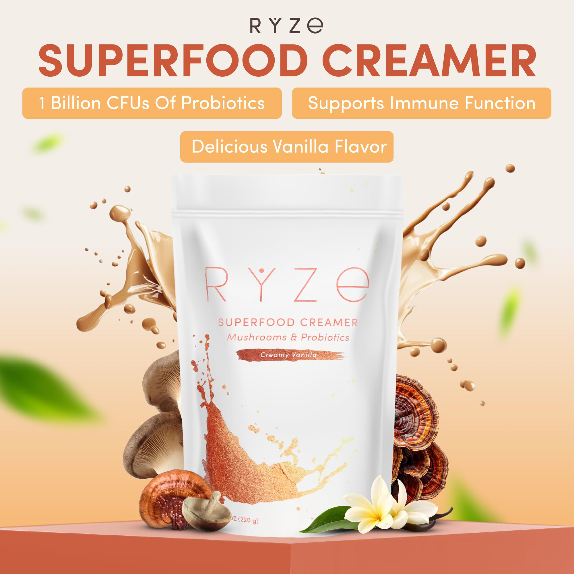 RYZE Probiotic Creamer bottle with coconut vanilla flavor