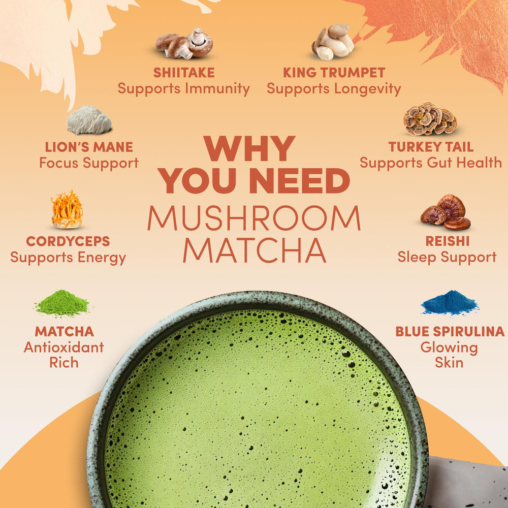 Ceremonial-grade Japanese Matcha with mushrooms and Blue Spirulina