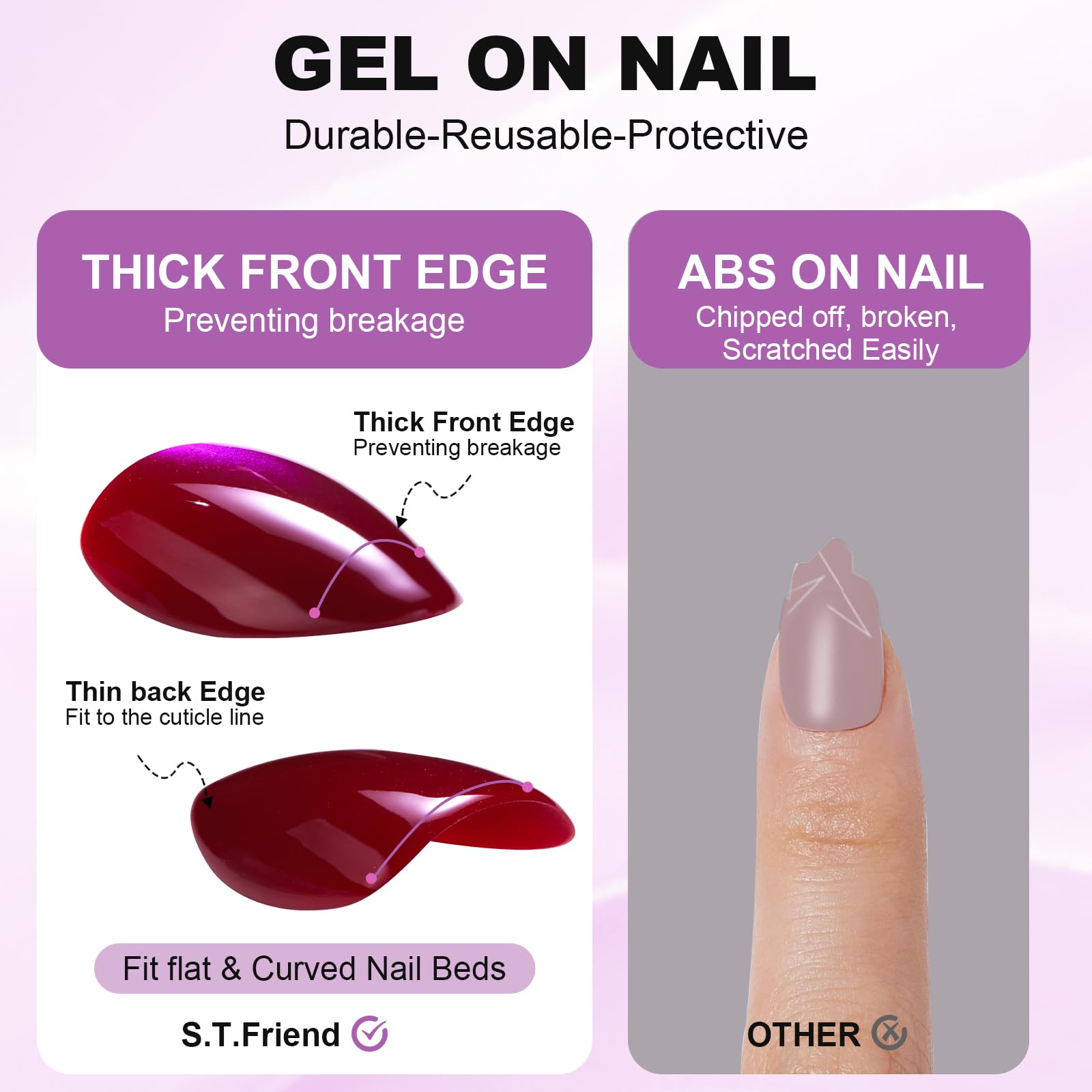 S.T. Friends press-on nails almond set in 16 sizes for custom fit