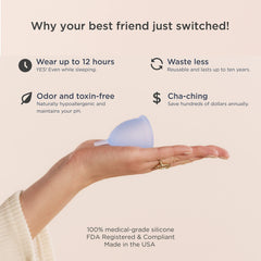 Saalt menstrual cup regular ocean blue open soft flex stem demonstrates easy insertion.
