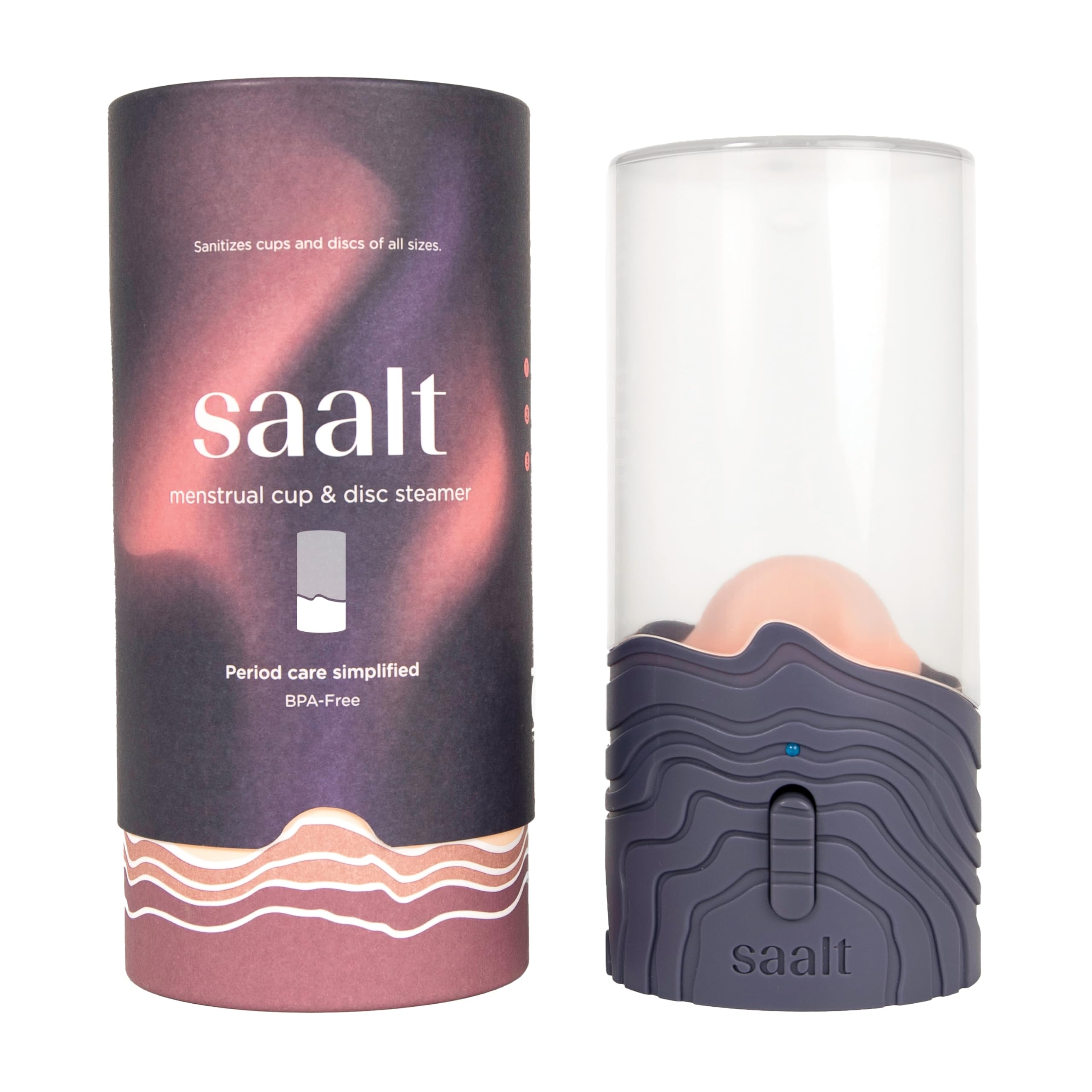 Saalt menstrual cup steamer button-press action for quick, hands-free sanitizing on demand.