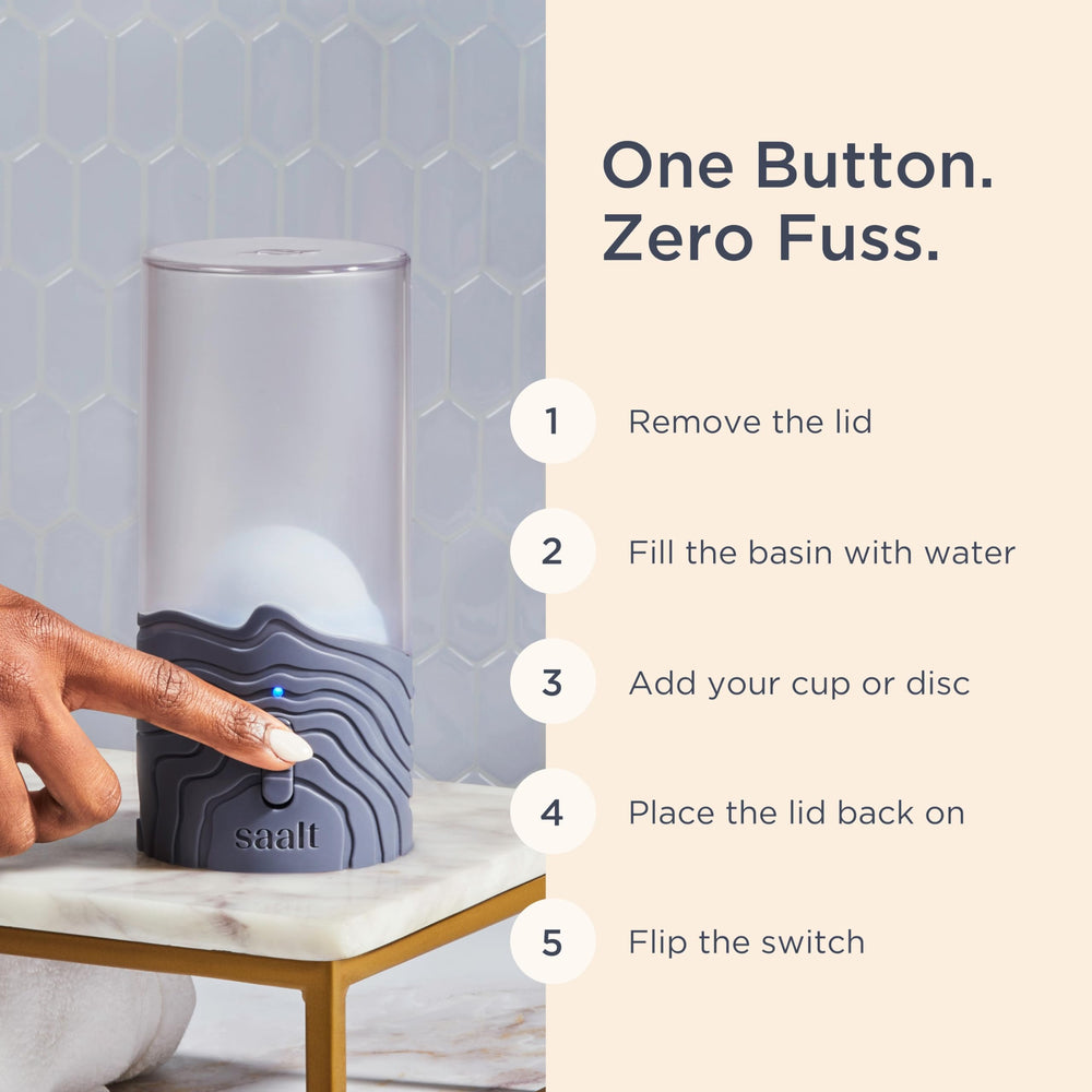 Saalt steamer elevated minimal design shown on a countertop for daily use and style.