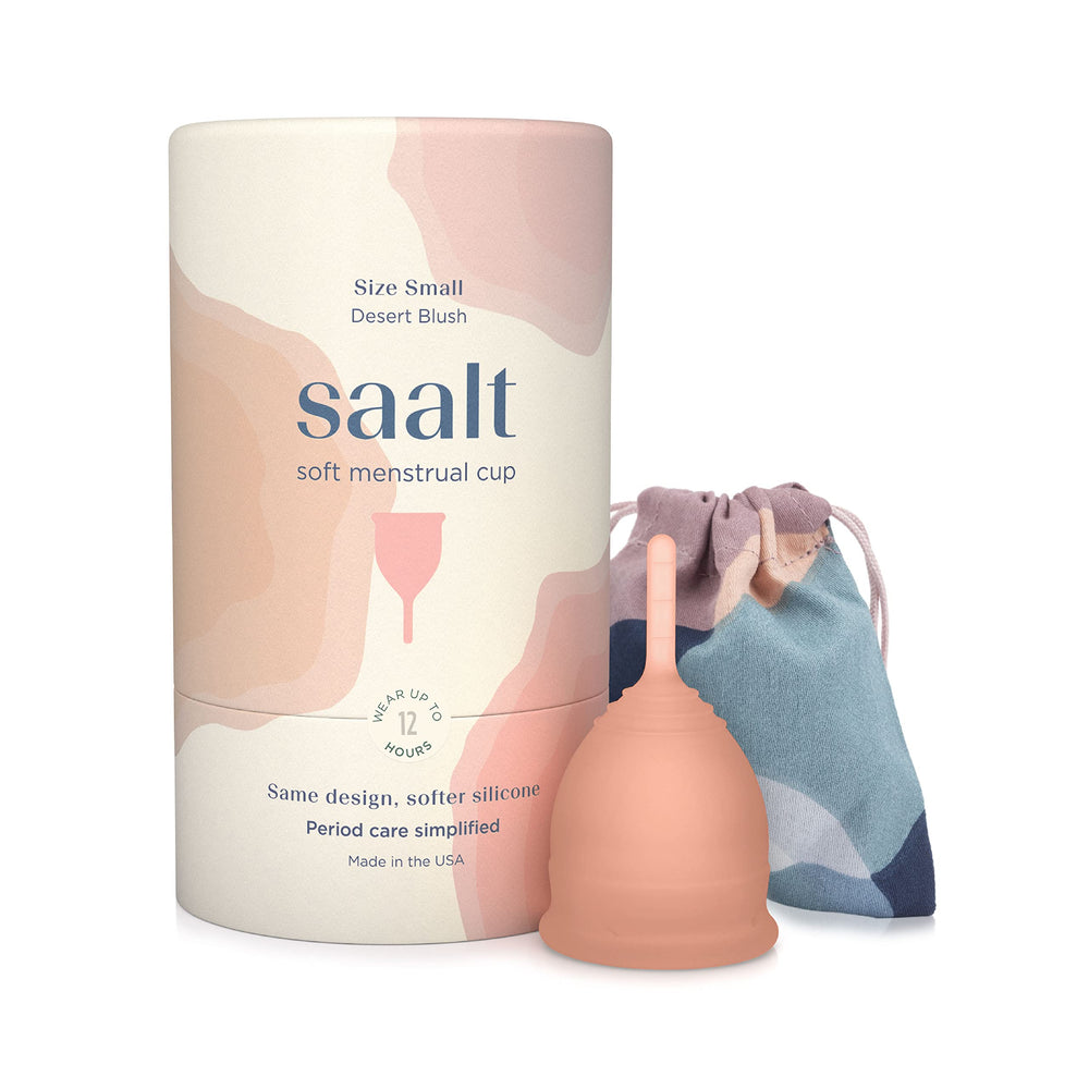 Saalt Soft menstrual cup close-up in Desert Blush for comfortable, leak-free wear