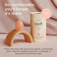 Saalt Soft Cup Desert Blush in-use demonstrates all-day comfortable wear.