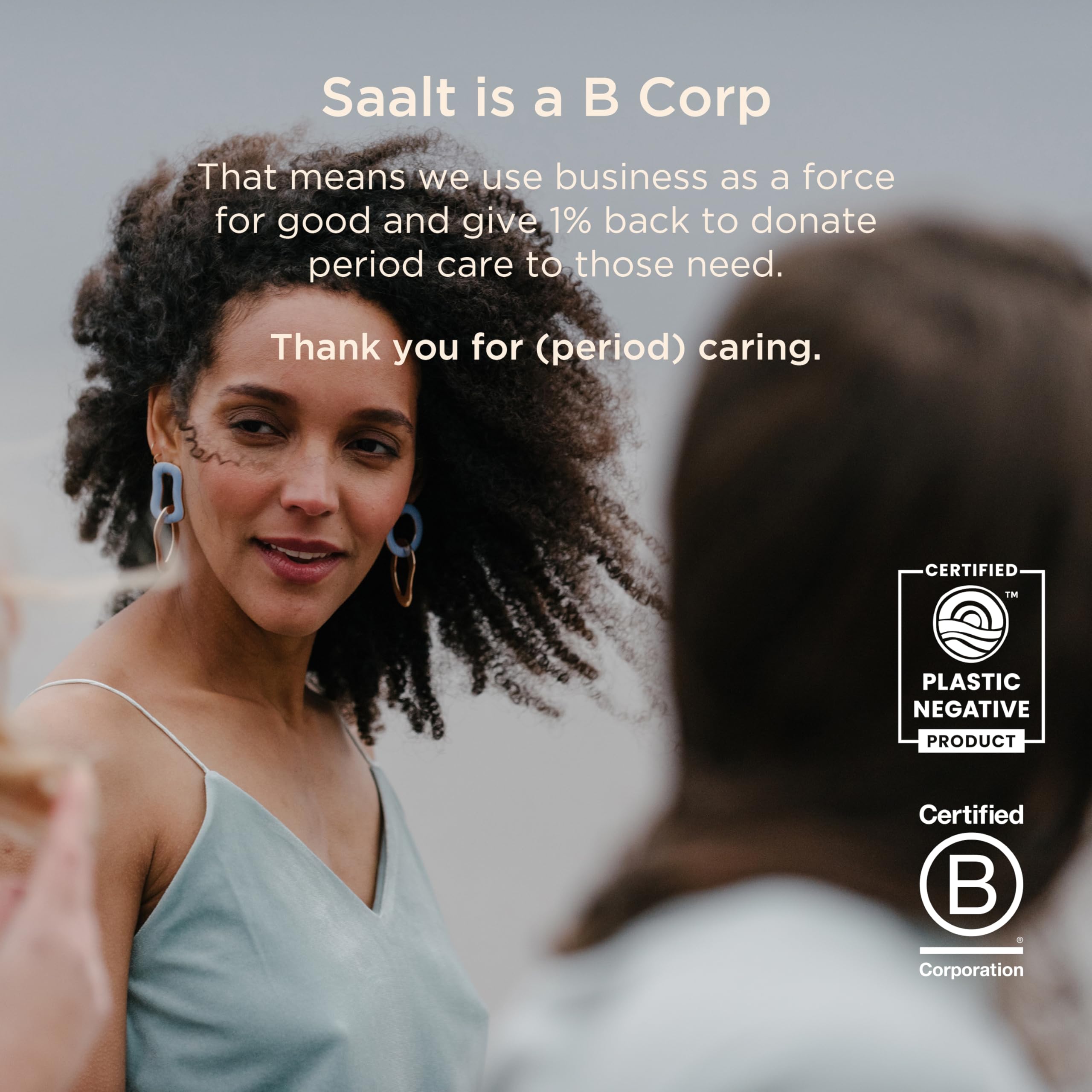 Saalt Soft Cup Desert Blush lifestyle scene conveys confident, leak-free daily wear.