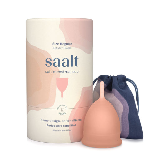 Saalt Soft Cup Desert Blush packaging highlights sustainable, leak-free protection.