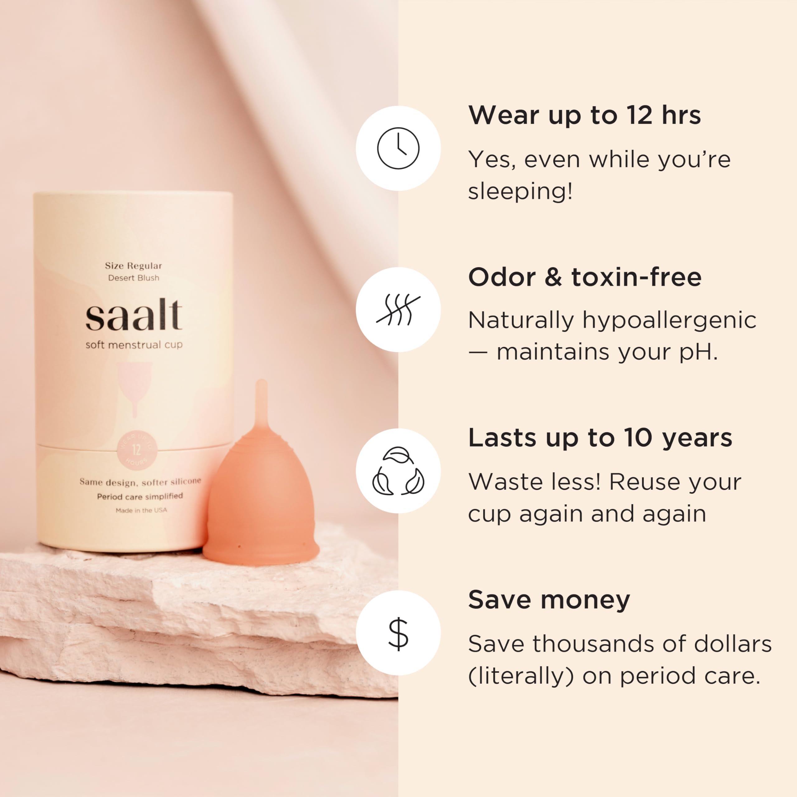 Saalt Soft Cup Desert Blush stem detail shows flexible design for easy handling.