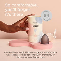 Saalt Soft cup leak-free fit shown for reliable protection.