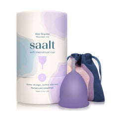 Saalt Soft Cup regular size Mountain Iris pack in storage, ready for discreet daily use.