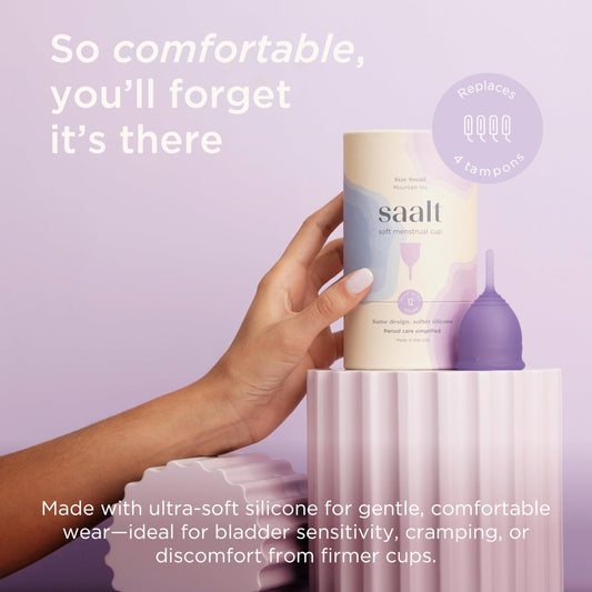 Saalt Soft Cup regular size in hand demonstrates comfortable, leak-free wear possibilities.