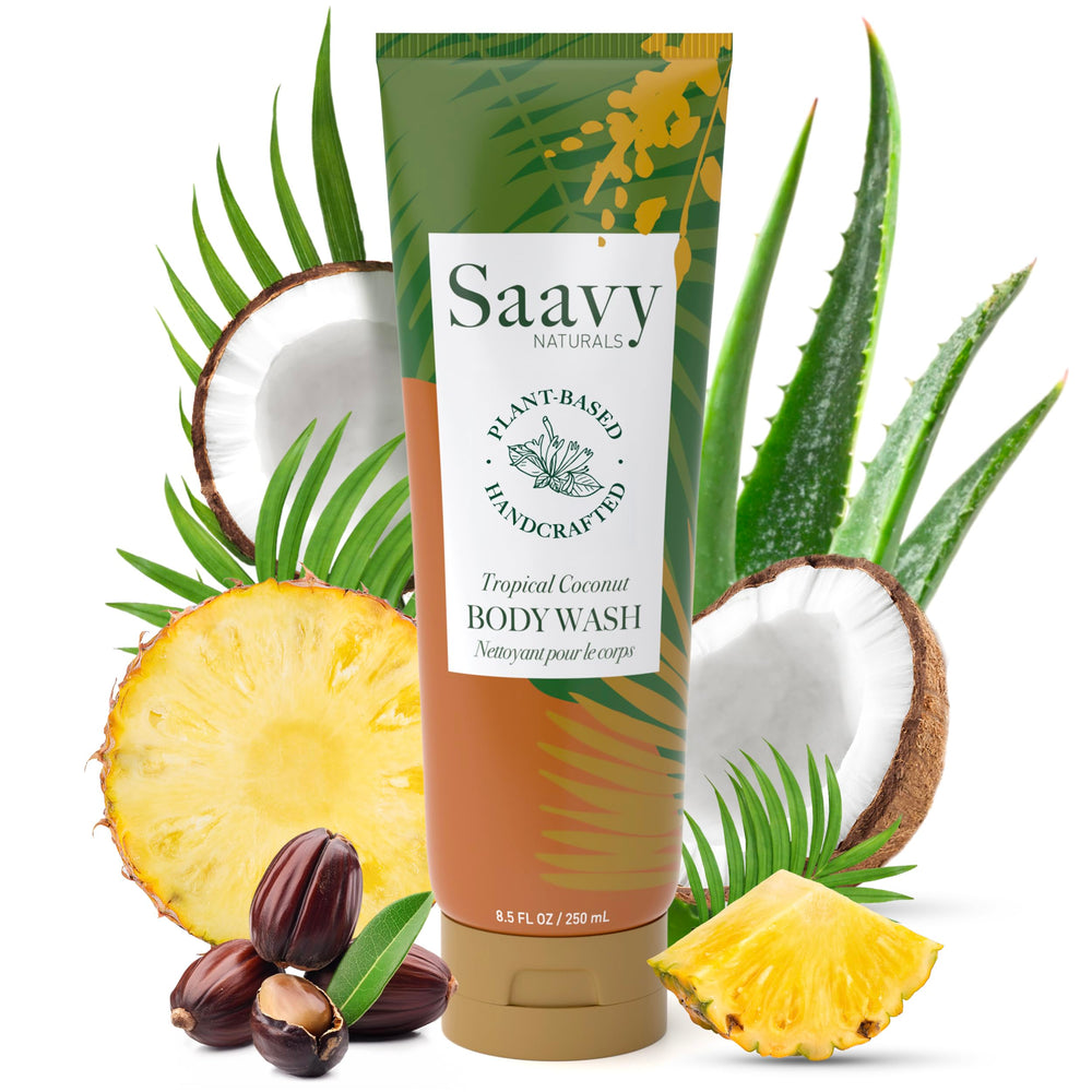 Saavy Naturals coconut oil ingredient panel supports deep moisturization.