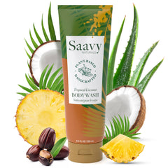 Saavy Naturals coconut oil ingredient panel supports deep moisturization.