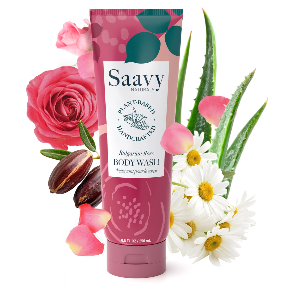 Saavy Naturals moisturizing body wash bottle showing gentle cleansing for sensitive skin