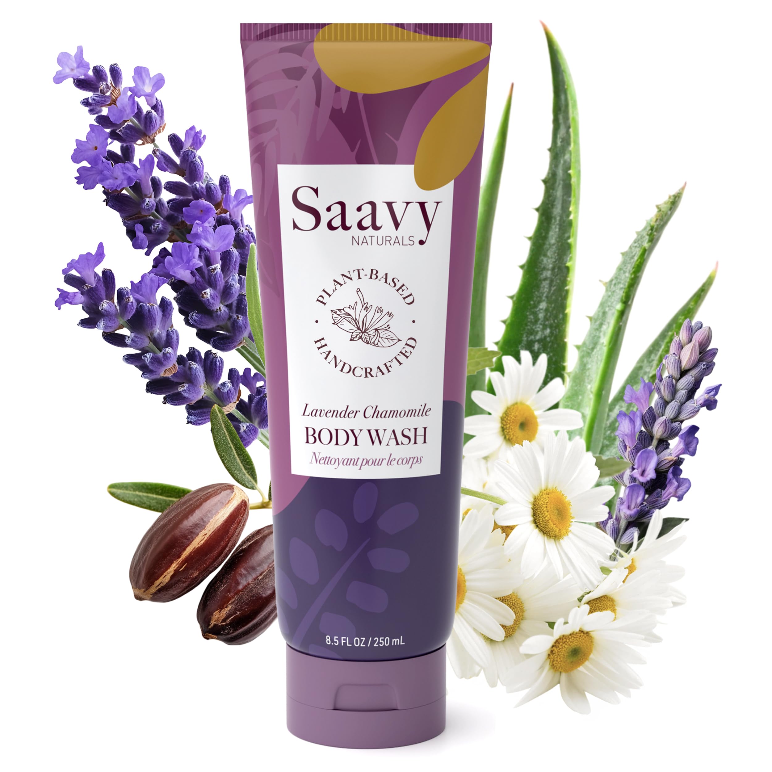 Saavy Naturals moisturizing body wash lavender chamomile bottle with a creamy lather for sensitive skin.