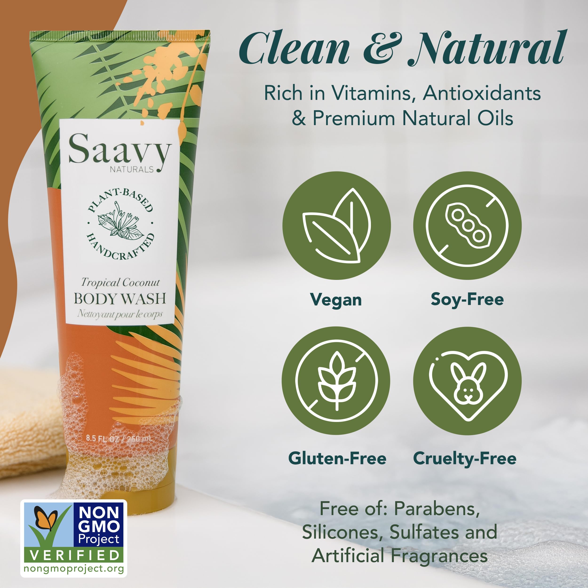 Saavy Naturals spa-like shower experience with refreshing tropical fragrance.