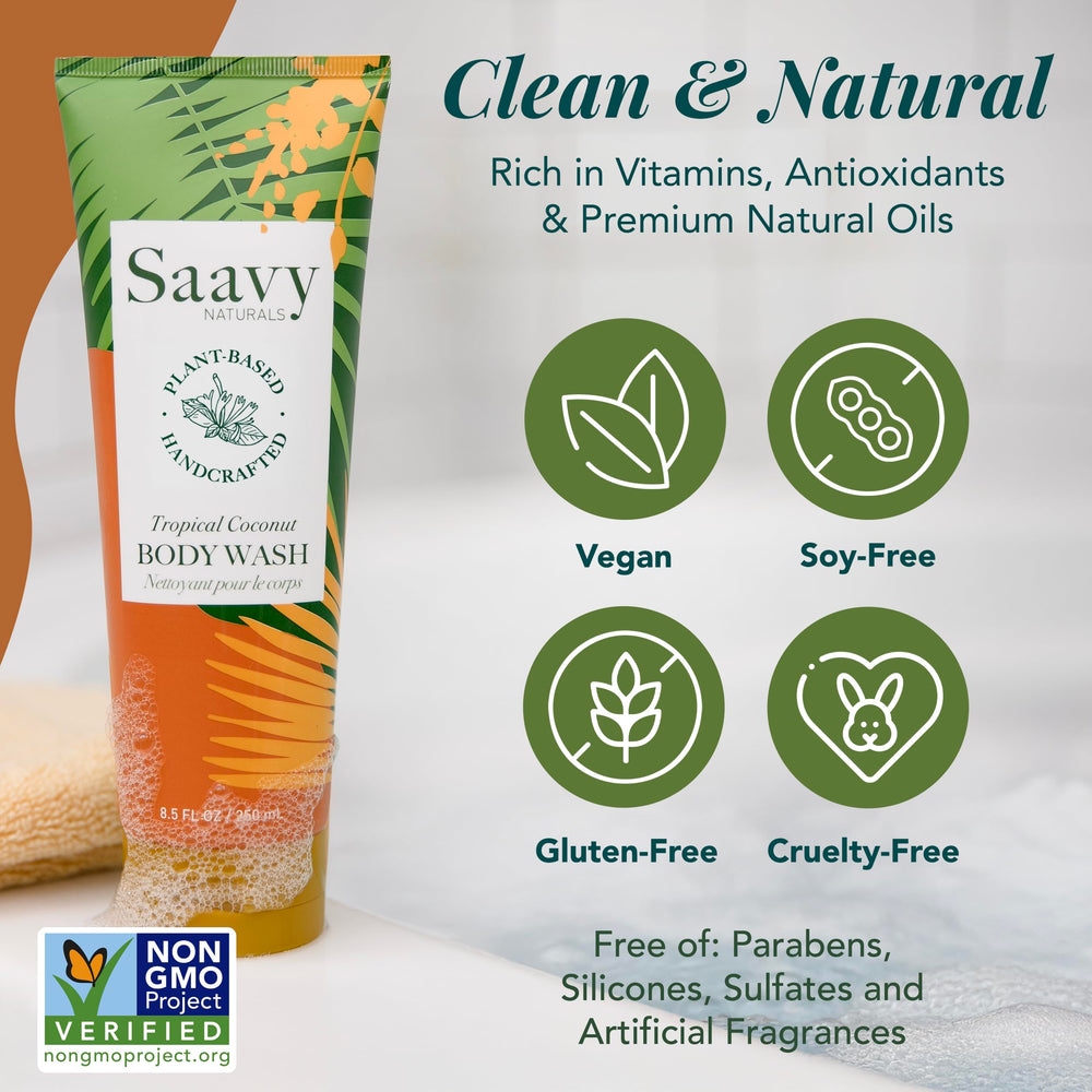 Saavy Naturals spa-like shower experience with refreshing tropical fragrance.