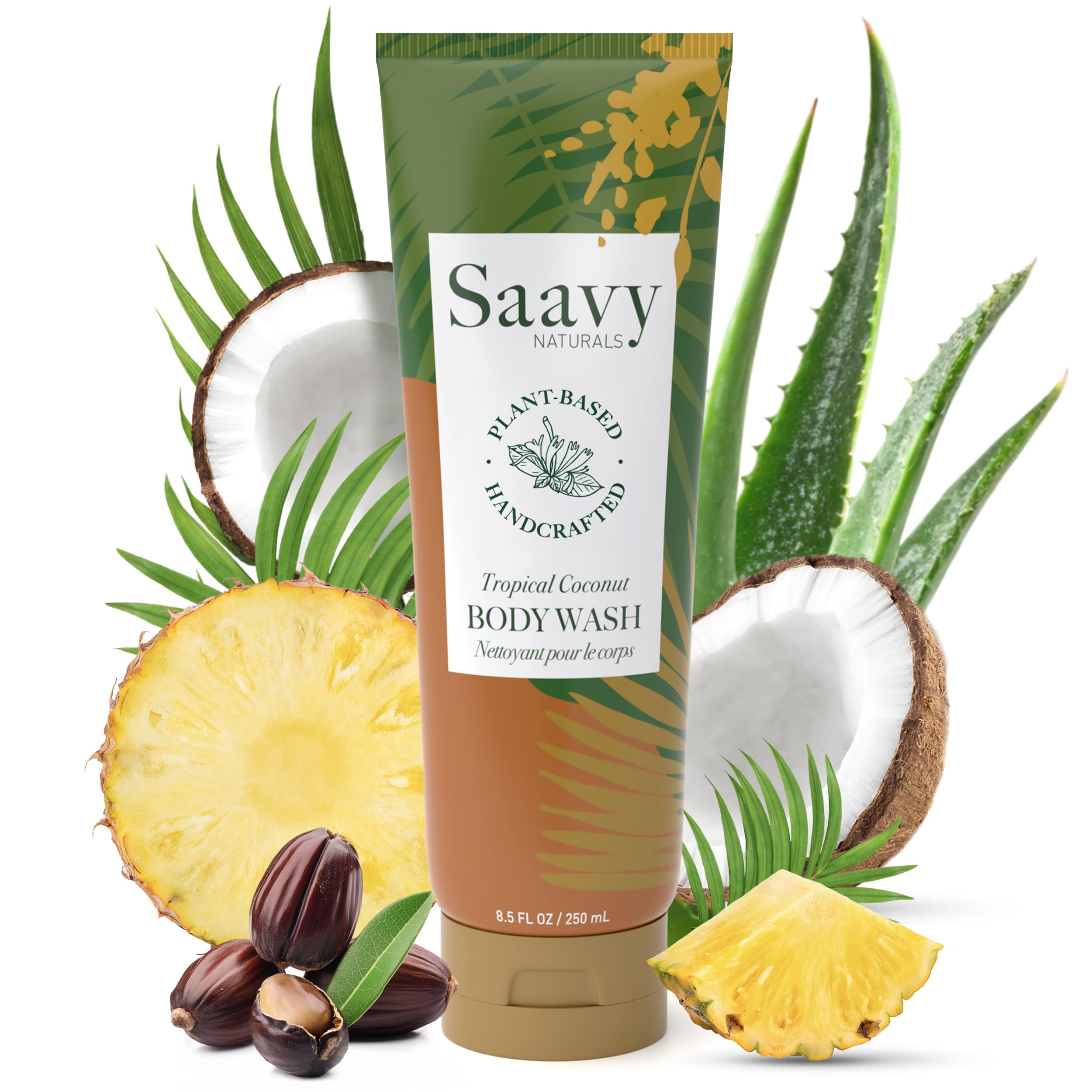 Saavy Naturals Tropical Coconut Body Wash bottle for daily cleansing and hydration.