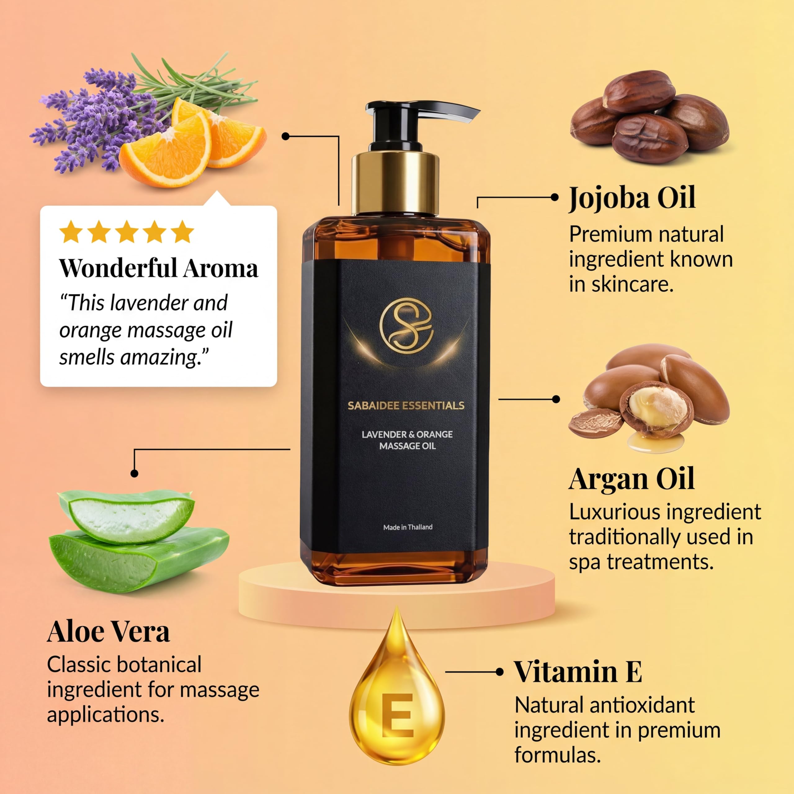 Lavender and orange essential oils with massage oil bottle