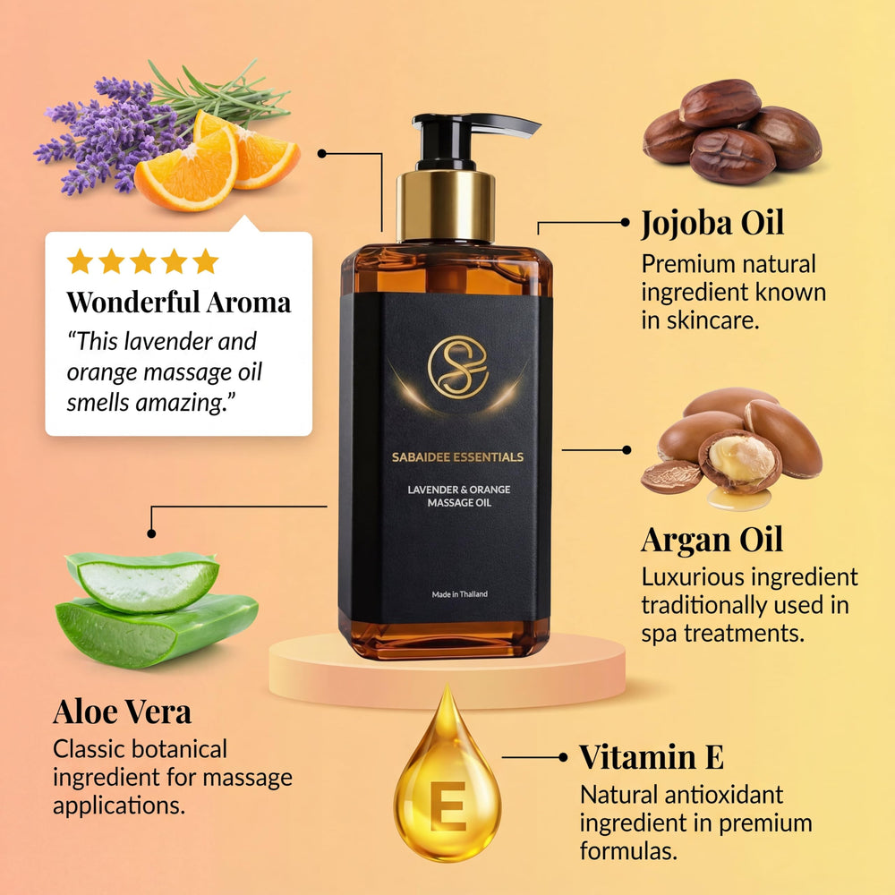 Lavender and orange essential oils with massage oil bottle