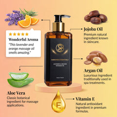 Lavender and orange essential oils with massage oil bottle