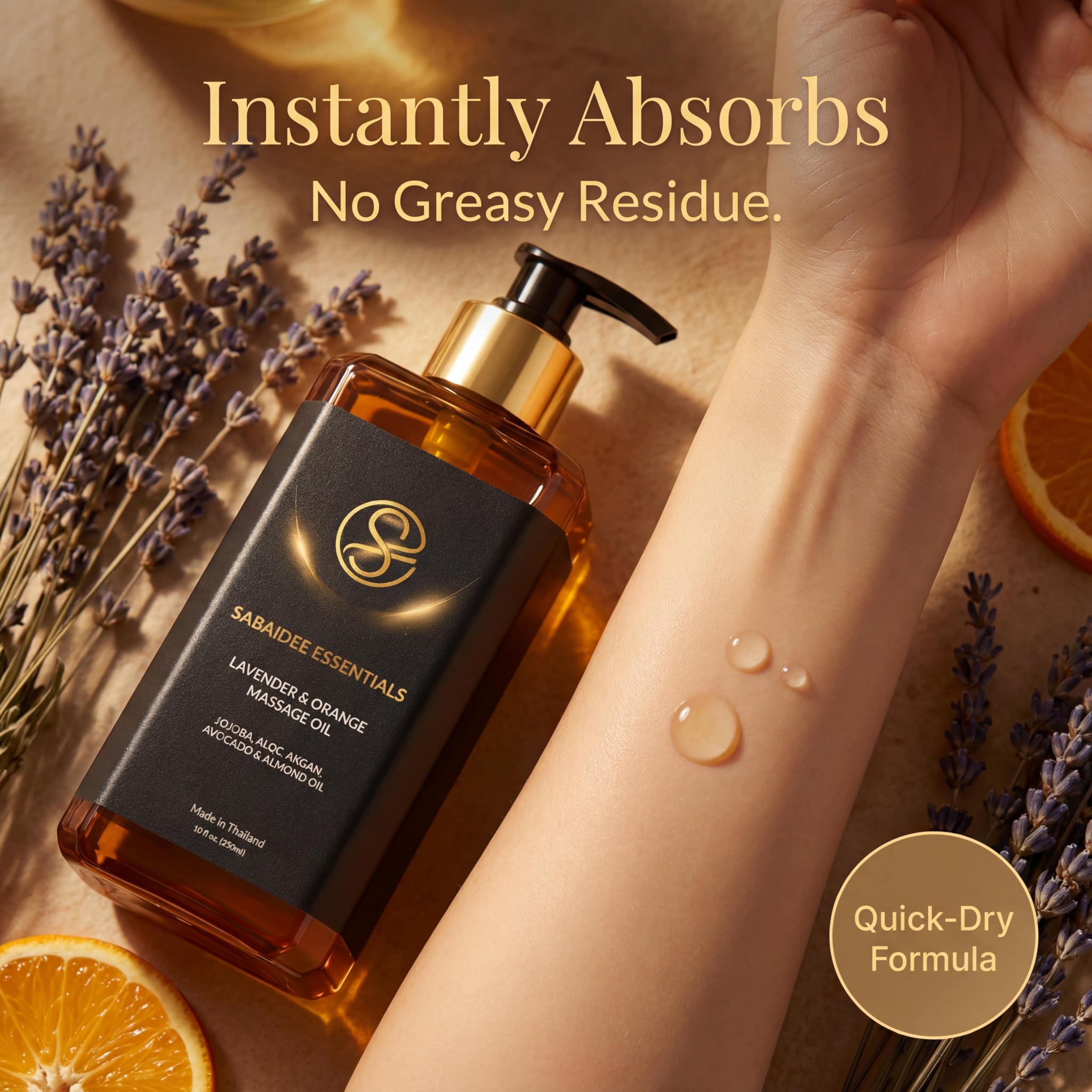 Thai spa inspired packaging for SABAIDEE Essentials Massage Oil