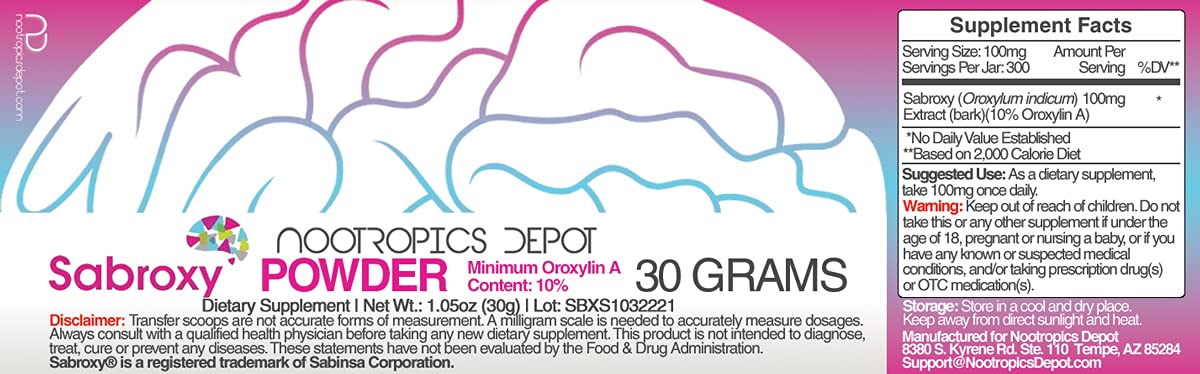 Sabroxy Oroxylin-A Powder 30g label close-up showing 10% Oroxylin-A