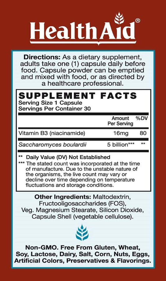 Bottle label highlighting Vitamin B3 and FOS, with acid- and bile-resistant strains
