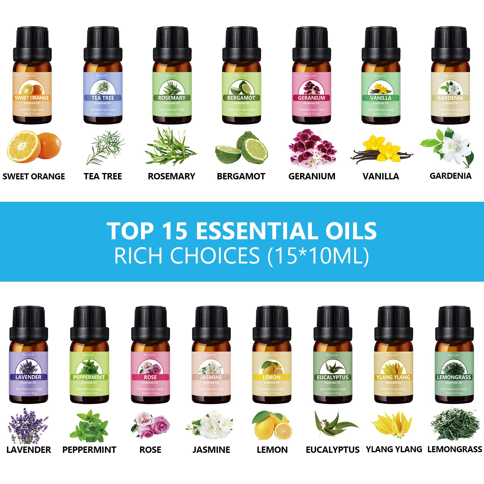 15 essential oils set (10ml each) included with the diffuser