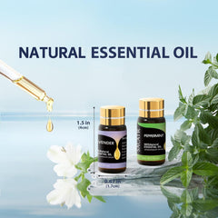 Assorted essential oils including lavender, peppermint, and lemon in amber 5ml bottles